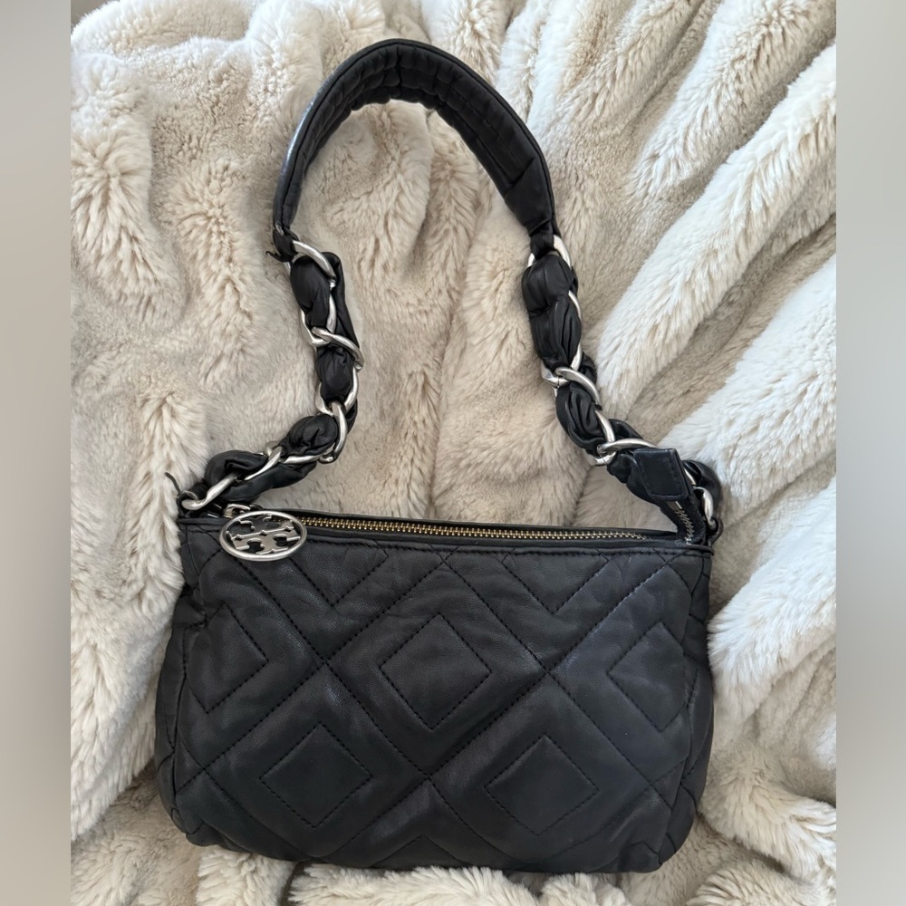Tory Burch Black Quilted Calfskin Leather Bag with Silver Hardware